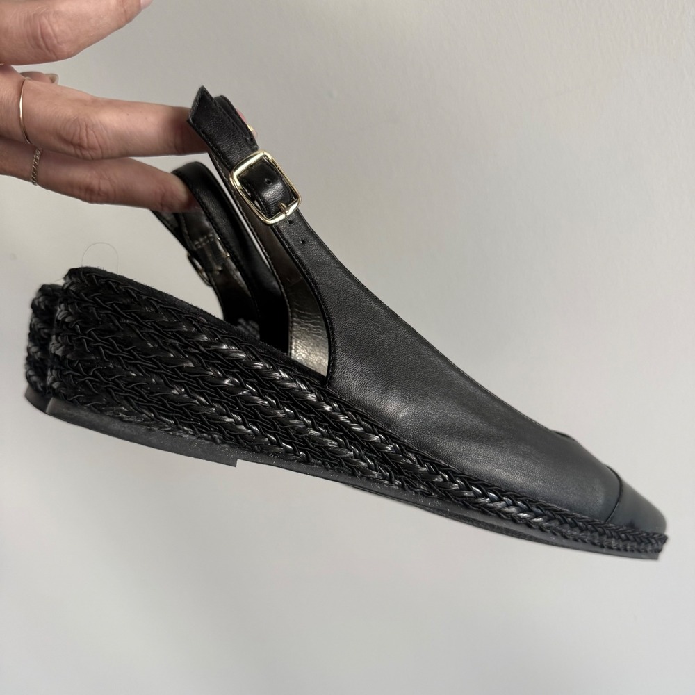 David Tate Slingback Wedge Sandals Black Leather Cap Toe Espadrille Shoes 9.5 SS